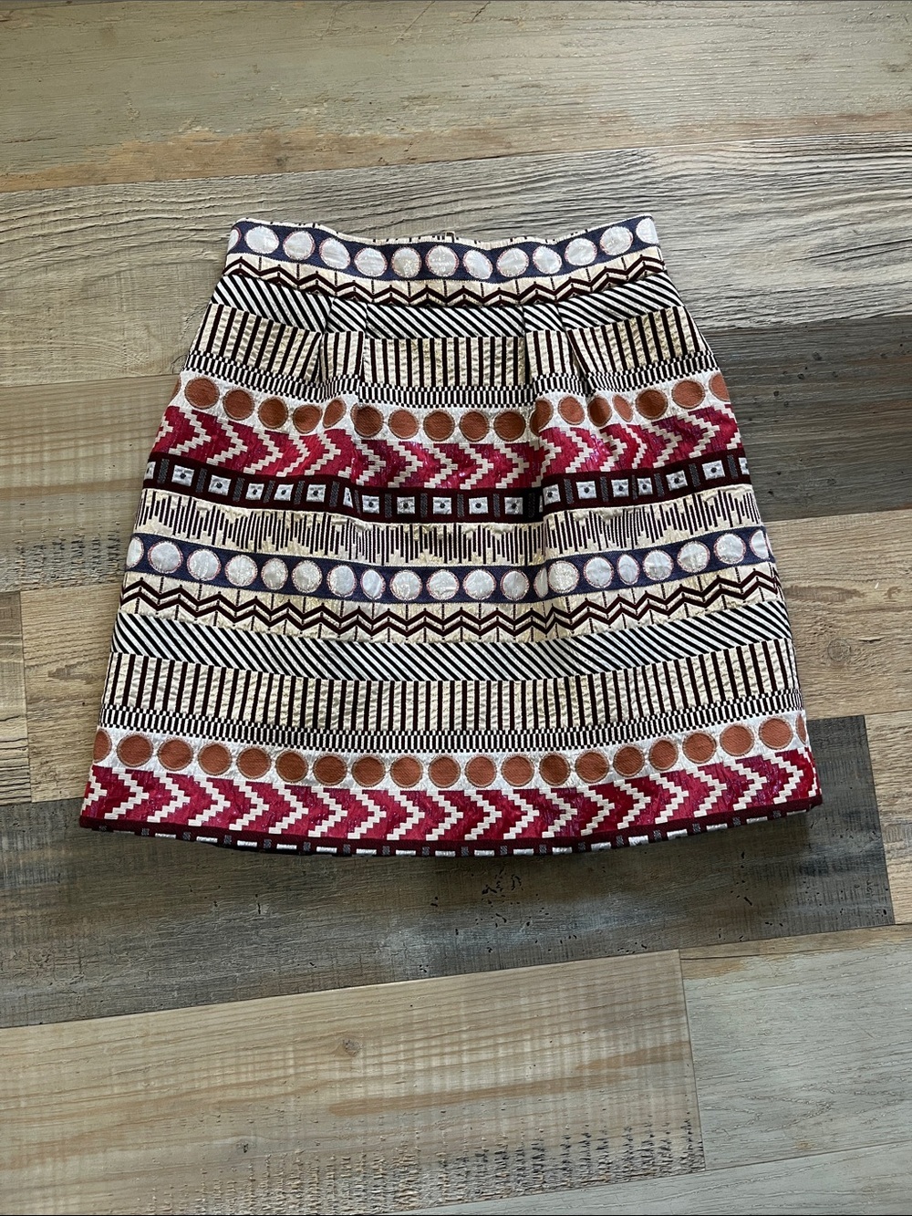 Nomad Woven Patterned A-Line Mini Skirt Red Black Cream Geo Pattern Office
